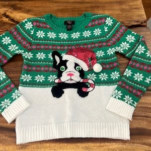 GIRLS CHRISTMAS PUPPY SWEATER GREEN PINK WHITE & RED SIZE LARGE